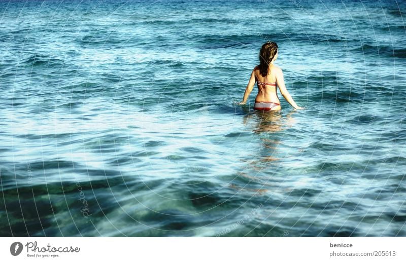 Open Water Woman Beach Human being Swimming & Bathing Ocean Vacation & Travel Bikini Back Observe Loneliness Mystic Travel photography Freedom Blue Waves