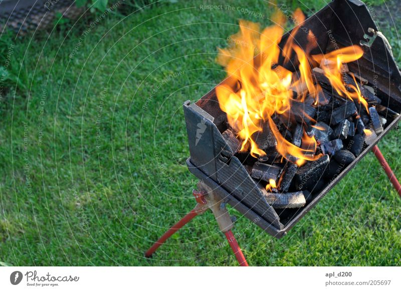 BBQ Leisure and hobbies Barbecue (apparatus) Barbecue (event) Summer Garden Esthetic Authentic Threat Hot Yellow Green Red Black Fire Flame Colour photo