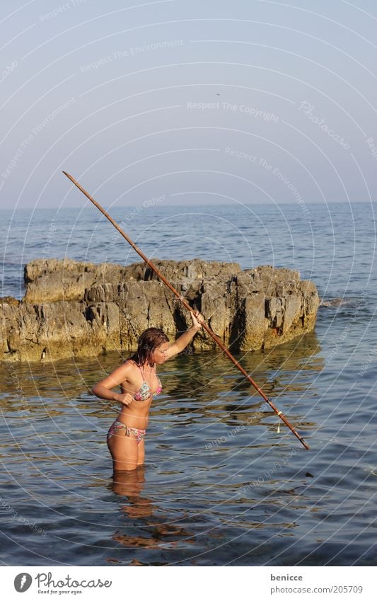 castaway Woman Human being Island Beach Hunting Dart Javelin Bikini Coast Stick Summer Vacation & Travel Survive Attractive Struggle for survival