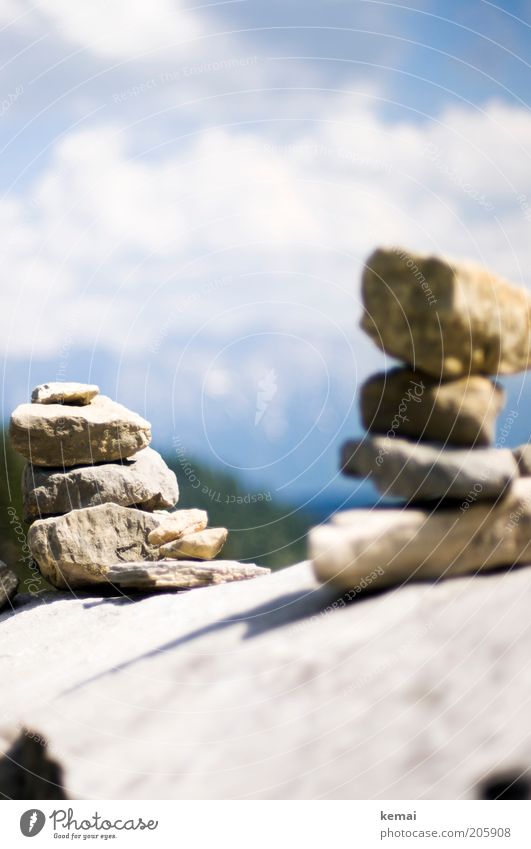 cairn Environment Nature Landscape Sky Clouds Sun Summer Climate Beautiful weather Warmth Alps Mountain Bavaria Stone Stony Bright Mount up pile Build