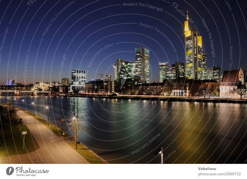 Frankfurt/Main,evening River Town High-rise Bank building Architecture Blue Brown Multicoloured Yellow Gold Gray Black Colour photo Deserted Copy Space top