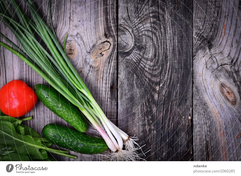 Green onions, tomato and cucumber Vegetable Eating Leaf Wood Fresh Retro Gray Red Onion Ingredients Raw background empty space vintage Salad bunch healthy
