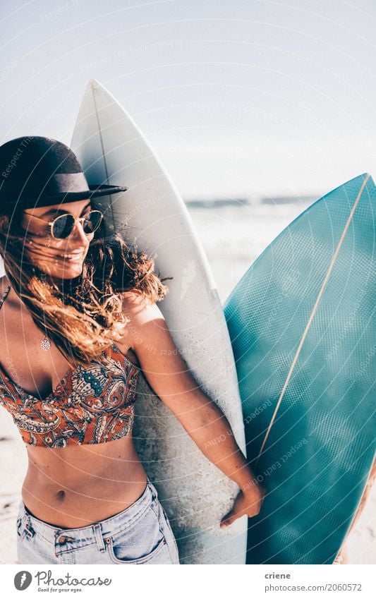 Caucasian Girl holding surfboard on the beach Lifestyle Joy Leisure and hobbies Vacation & Travel Trip Adventure Freedom Summer Summer vacation Beach Ocean