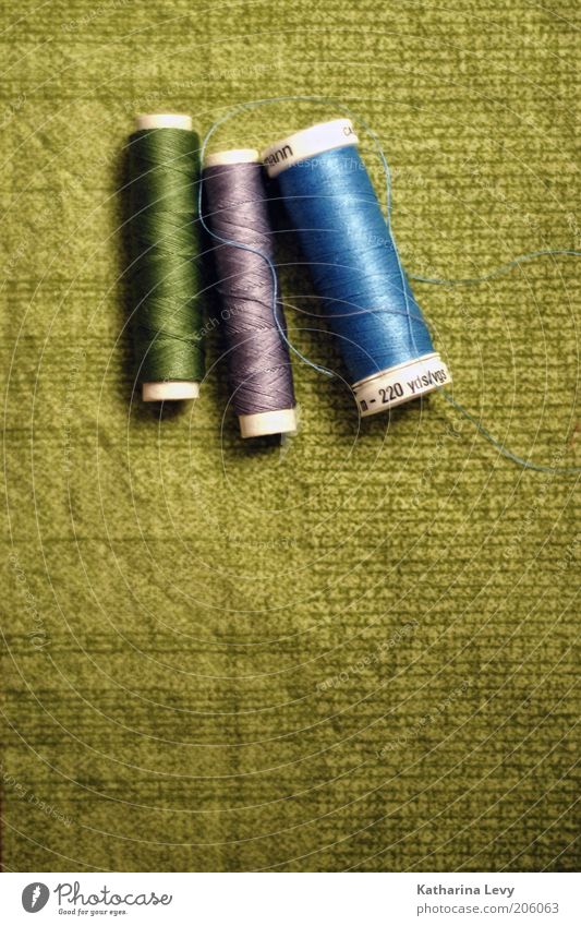 crafted Cloth Sewing thread Blue Green Violet Authentic Handcrafts Colour photo Interior shot Deserted Copy Space bottom Artificial light Coil Wound up