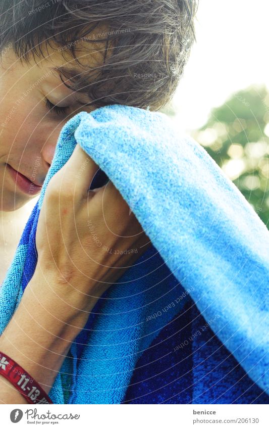 dry off Youth (Young adults) Human being Summer Vacation & Travel Towel Headache Blue Wet Back-light Dry Short haircut Short-haired Brunette Closed eyes