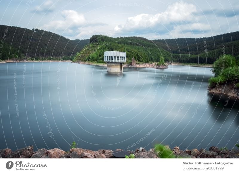 Dam, reservoir and mountains Drinking water Architecture Environment Nature Landscape Plant Water Sky Clouds Sun Sunlight Climate Weather Beautiful weather Tree