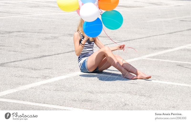 air & love. Lifestyle Style Joy Happy Leisure and hobbies Feminine Young woman Youth (Young adults) 1 Human being Parking garage Balloon Concrete To hold on