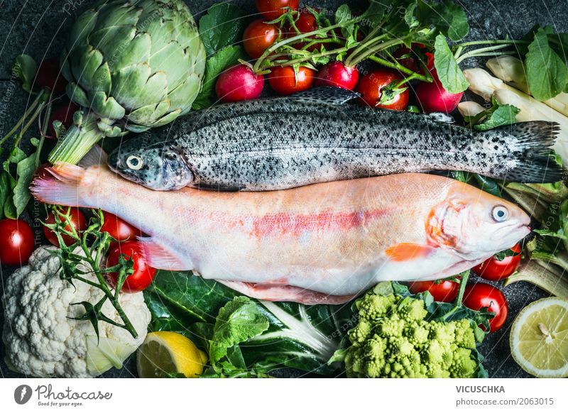 Trout fish with vegetables for healthy cooking Food Fish Vegetable Nutrition Banquet Organic produce Vegetarian diet Diet Style Healthy Healthy Eating Life