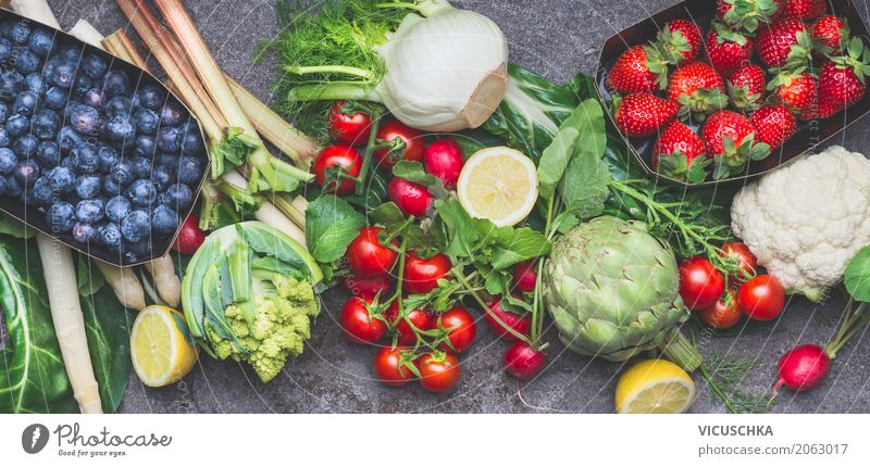 Various organic vegetables, fruit and berries for healthy eating Food Vegetable Lettuce Salad Fruit Style Design Healthy Healthy Eating Life Flag