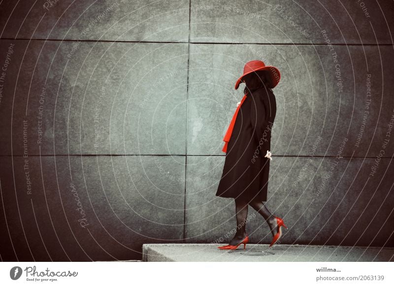 The lady with the red hat Lady Hat high heels Woman Elegant Style Human being Feminine Adults Life High heels Scarf Red Black Wall (building) Madame Evening