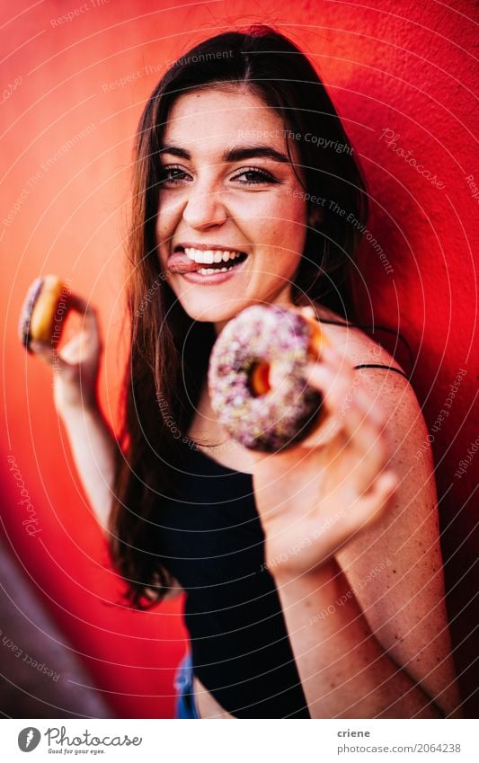 Happy woman eating chocolate donuts Food Cake Dessert Candy Chocolate Eating Lifestyle Joy Summer Human being Young woman Youth (Young adults) Woman Adults 1