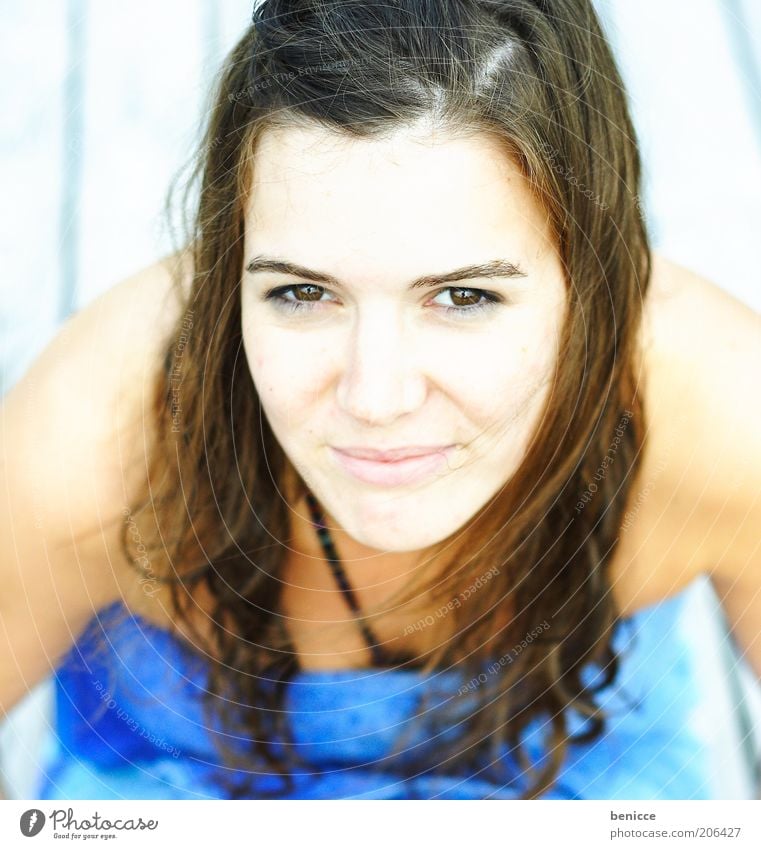 blue Woman Human being Youth (Young adults) Sit Laughter Smiling Friendliness Looking into the camera Wet Hair and hairstyles Portrait photograph Contentment
