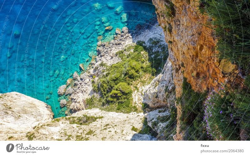 Cliff in Zakynthos Greece Vacation & Travel Summer Ocean Island Rock Watercraft Landscape Blue Coast Crete Nature Idyll Mediterranean sea Panorama (View) Bay