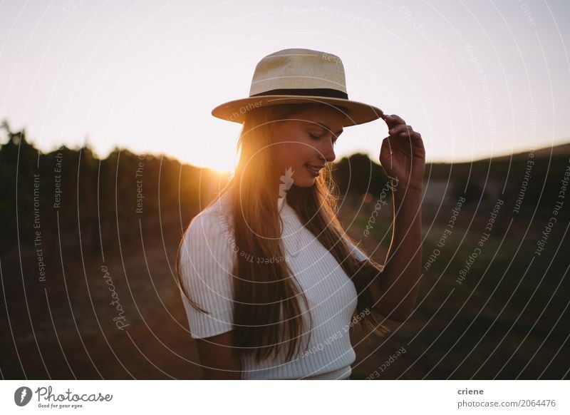 Portrait of Countrygirl on farm in sunset Lifestyle Joy Happy Human being Feminine Young woman Youth (Young adults) Woman Adults 1 18 - 30 years Nature
