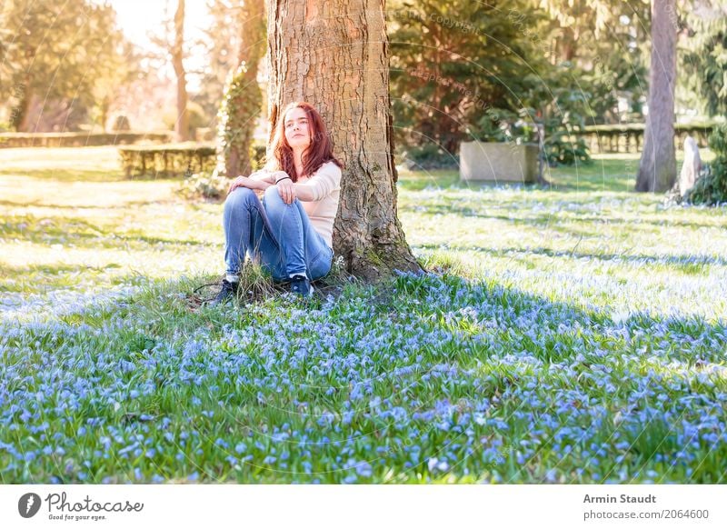 Portrait on spring meadow Lifestyle Style Joy Happy Healthy Harmonious Well-being Contentment Senses Relaxation Calm Meditation Human being Feminine Young woman