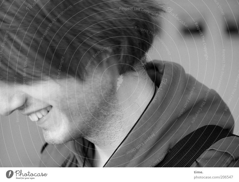 [H10.1] - In fine company Hair and hairstyles Masculine Man Adults Head Nose Teeth Facial hair Smiling Chin Cheek Black & white photo Interior shot Motion blur