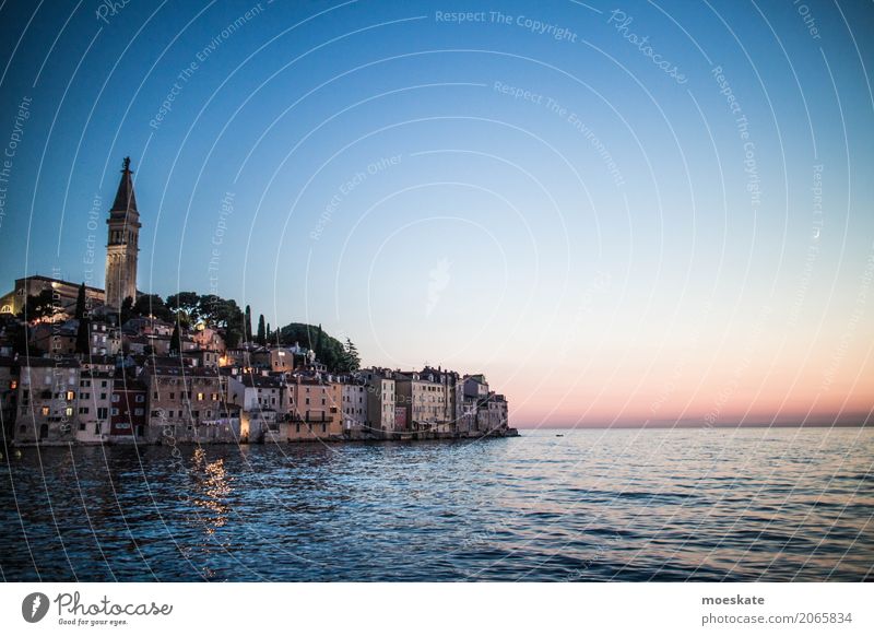 Rovinj Sunset Village Fishing village Small Town Downtown Old town House (Residential Structure) Church Building Blue Ocean Mediterranean sea Croatia Istria