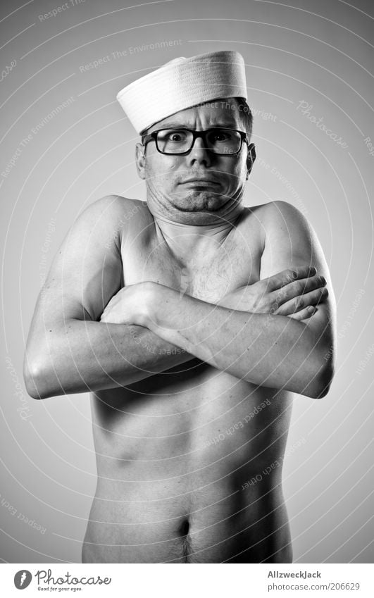 nude mate Masculine Young man Youth (Young adults) Body 1 Human being 30 - 45 years Adults Naked Eyeglasses Hat Brunette Short-haired Nerdy Gray Shame