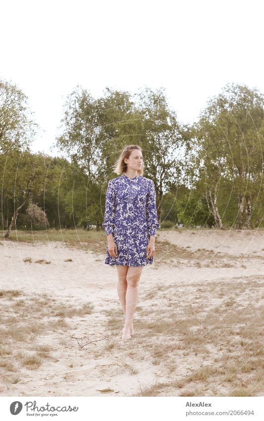Young woman in summer dress on a dune Joy pretty Senses Relaxation Trip duene Heathland Youth (Young adults) Body Legs Feet 18 - 30 years Adults Environment