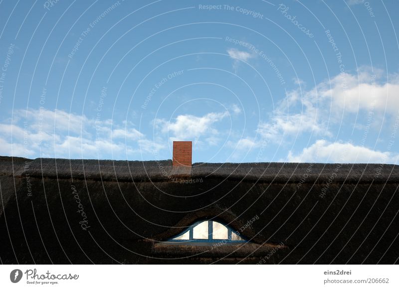 I feel watched. Style Sky Clouds Summer Beautiful weather Deserted House (Residential Structure) Architecture Window Roof Chimney Reet roof Window pane