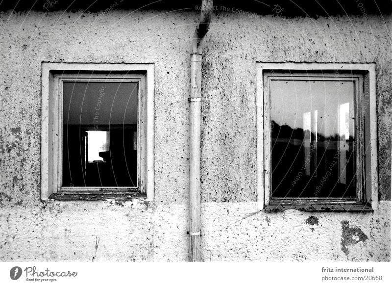 2Windows Facade Dirty Plaster Rain gutter Gloomy Vista Architecture Grief Distress Old Crack & Rip & Tear Black & white photo