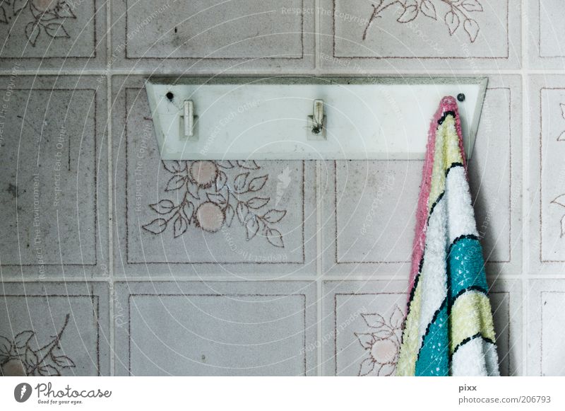 joie de vivre Plastic Hang Authentic Retro Stagnating Towel Towel hook Dish towel PVC Striped Colour photo Interior shot Tile Flowery pattern Detail Grubby Day