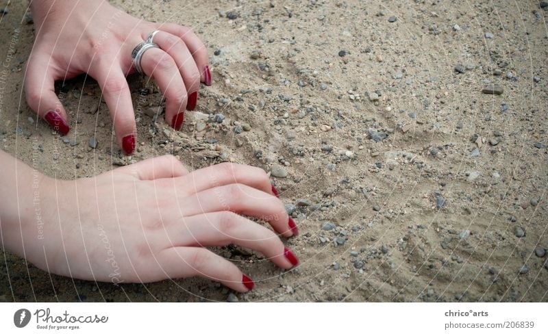 need help? Human being Feminine Woman Adults Skin Arm Hand Fingers Fingernail 1 Earth Sand Crawl Make Draw Under Gray Red Effort Colour photo Exterior shot
