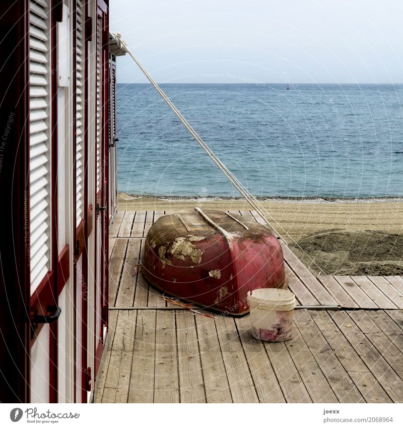 early season Vacation & Travel Summer Summer vacation Beach Ocean Old Maritime Blue Red Leisure and hobbies Changing room Colour photo Subdued colour