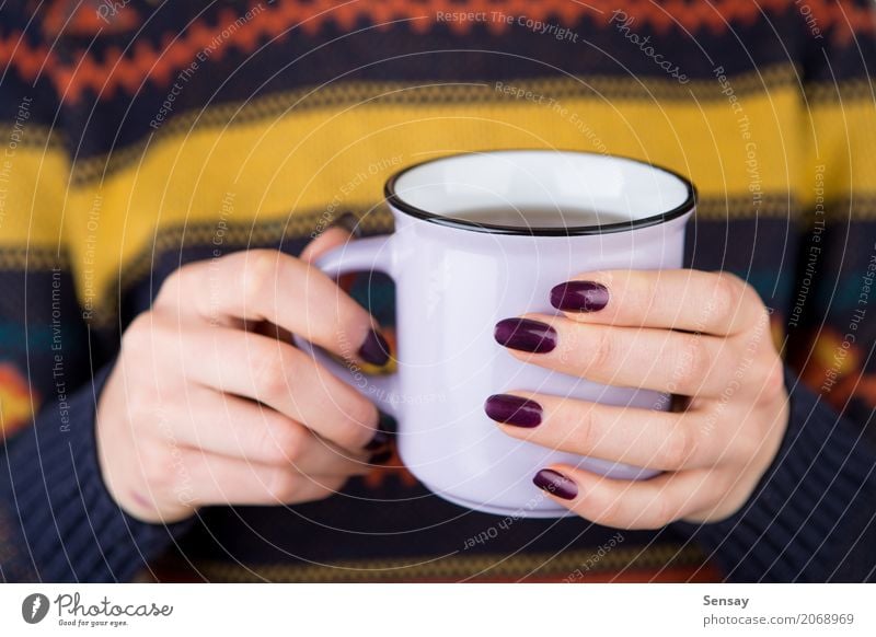 Woman in cozy sweater holding a cup Breakfast Beverage Coffee Tea Knit Winter Human being Adults Hand Warmth Sweater Hot White Hold drink Seasons girl christmas