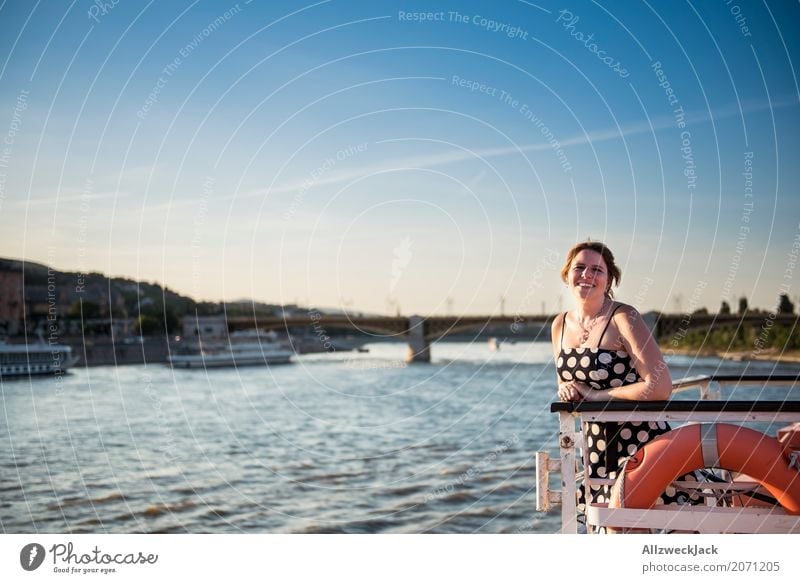 Woman with dress on a ship in the Danube Day 1 Person Young woman Dress Cloudless sky Budapest Watercraft Navigation Cruise Life belt Freedom titanic