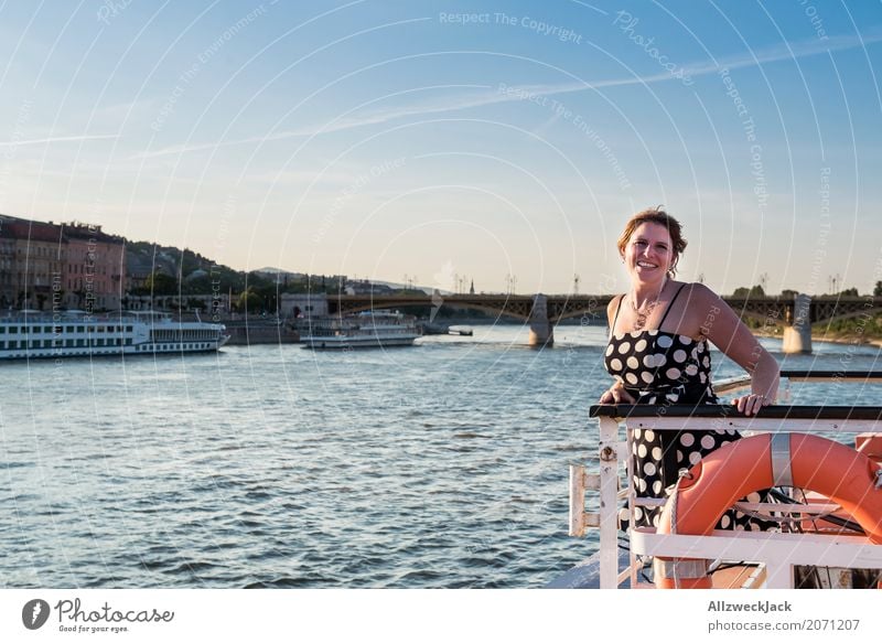 Woman with dress on a ship in the Danube Day 1 Person Young woman Dress Cloudless sky Budapest Watercraft Navigation Cruise Life belt Freedom titanic