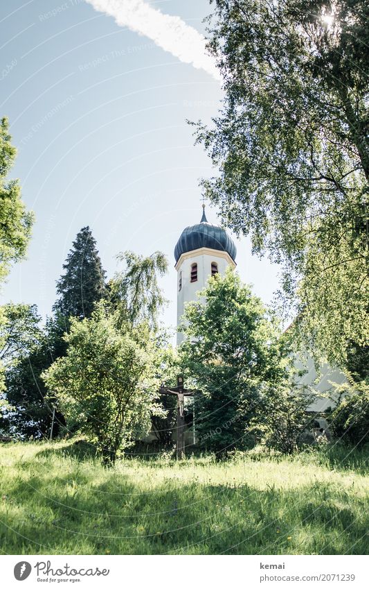 Church tower in the countryside Well-being Relaxation Calm Leisure and hobbies Tourism Trip Sightseeing Summer Nature Sky Beautiful weather Warmth Plant Tree