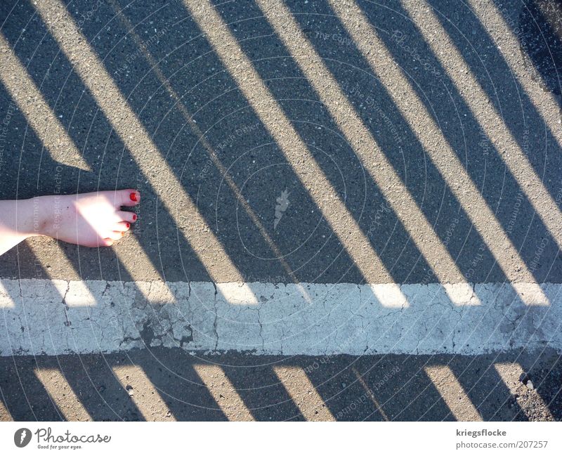 side effect Feet Pedestrian Street Lanes & trails Walking Red Nail polish Dirty Sideline White Gray Stripe Colour photo Exterior shot Copy Space right