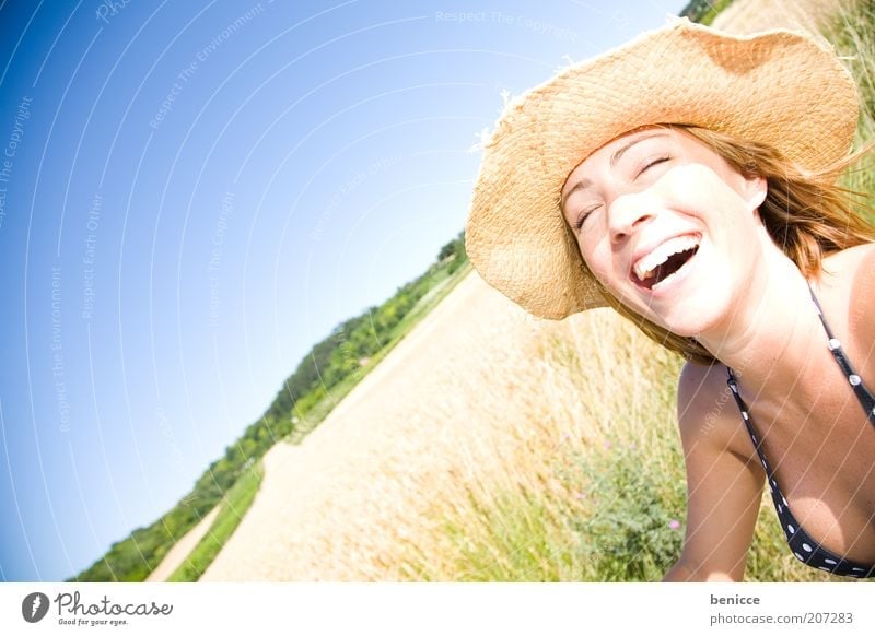 amoi gscheid holes Woman Human being Laughter Smiling Sincere Hearty Hat Summer Field Nature Stand Sunhat Rudbeckia Joy Portrait photograph Bikini