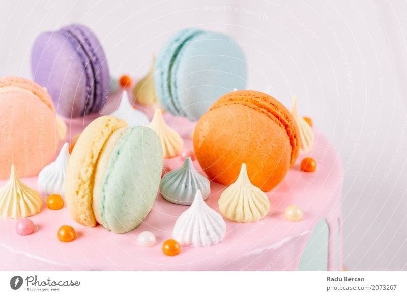 Colorful Macaron Birthday Cake And Sweet Candy Topping Food Dessert Nutrition Eating Event Feasts & Celebrations Gastronomy Diet To feed Feeding Delicious Retro