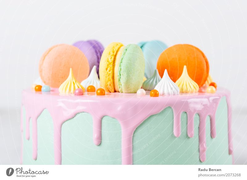 Colorful Macaron Birthday Cake And Sweet Candy Topping Food Dessert Nutrition Eating Feasts & Celebrations Gastronomy To feed Feeding Simple Exotic Happiness