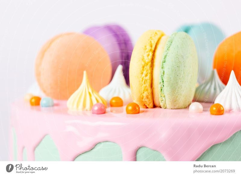 Colorful Macaron Birthday Cake And Sweet Candy Topping Food Dessert Nutrition Eating Feasts & Celebrations Gastronomy Diet To feed Feeding Delicious Retro Round