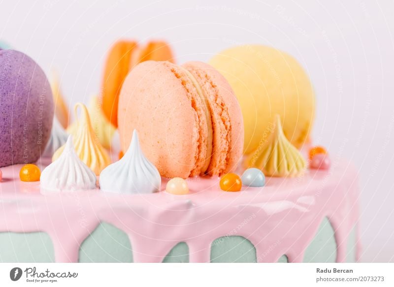 Colorful Macaron Birthday Cake And Sweet Candy Topping Food Dessert Nutrition Eating Feasts & Celebrations Gastronomy Diet To feed Feeding To enjoy Delicious
