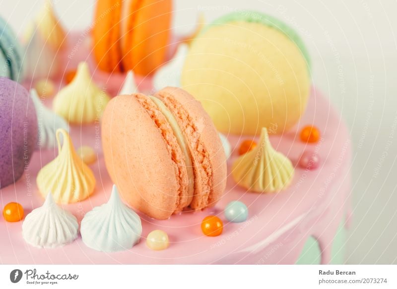 Colorful Macaron Birthday Cake And Sweet Candy Topping Food Dessert Nutrition Eating Feasts & Celebrations Gastronomy To feed Feeding To enjoy Delicious Retro