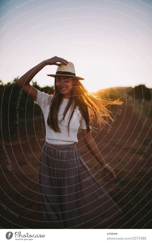 Happy Countrygirl on farmland in sunset Lifestyle Joy Beautiful Summer Human being Feminine Young woman Youth (Young adults) Adults 1 18 - 30 years