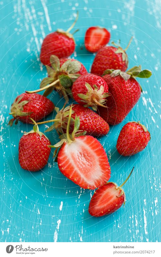 Strawberries on a turquoise blue old wooden table Fruit Dessert Diet Summer Table Group Wood Fresh Bright Delicious Natural Juicy Blue Red Turquoise Colour