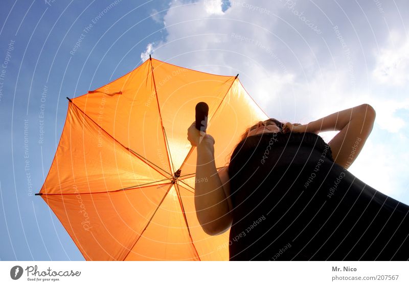 Patroness ll Feminine Woman Adults Arm Sky Clouds Sunlight Summer Climate Beautiful weather Dress Umbrella Black Orange Little black dress To hold on Sunshade
