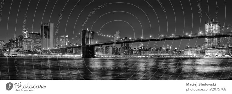 Brooklyn Bridge at Night. Vacation & Travel River Town Skyline Building Architecture Landmark Black White New York City panoramic Manhattan cityscape