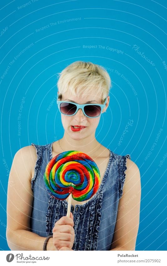 #A# Temptation Art Work of art Esthetic Woman Hip & trendy Lollipop Multicoloured Alluring Delicious Sugar Sunglasses Blonde Model Blue Diet Lips Lipstick
