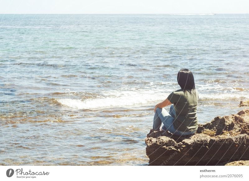 Pensive woman looking at the sea Lifestyle Wellness Vacation & Travel Trip Freedom Human being Feminine Young woman Youth (Young adults) Woman Adults 1