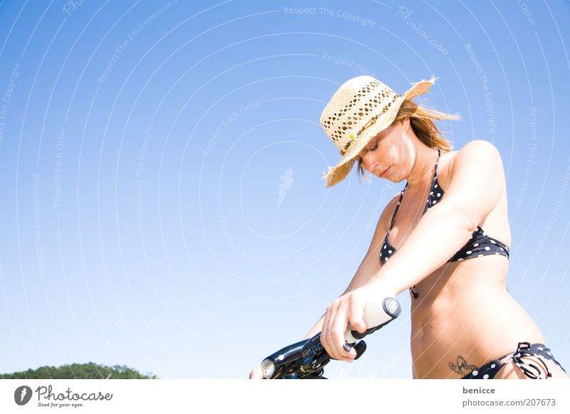 Phew, now there can be no Woman Bicycle Summer Bikini Athletic Exhaustion Hat Sunhat Fatigue Warmth heat wave Thin Attractive Sky Blue Stand Break Make Blue sky
