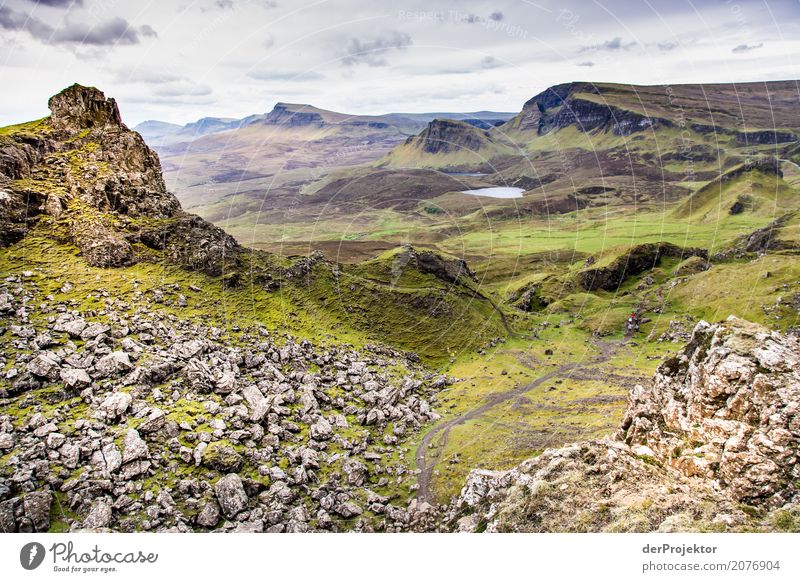 View from the Quiraing on Isle of Skye VIII Clouds Ledge coast Lakeside River bank Summer Landscape Rock Bay Plant Fjord Island Scotland Europe Exterior shot