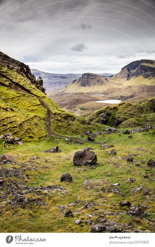 View from the Quiraing on Isle of Skye IX Clouds Ledge coast Lakeside River bank Summer Landscape Rock Bay Plant Fjord Island Scotland Europe Exterior shot