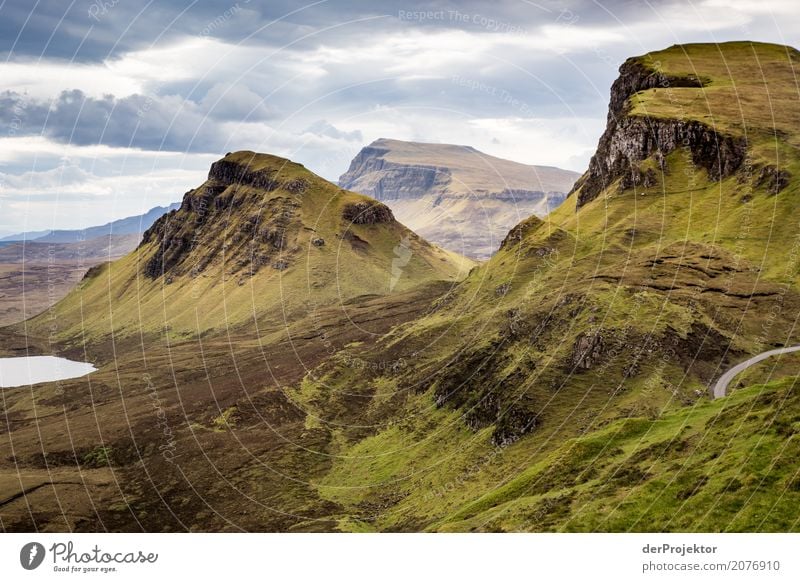 View from the Quiraing on Isle of Skye VI Clouds Ledge coast Lakeside River bank Summer Landscape Rock Bay Plant Fjord Island Scotland Europe Exterior shot