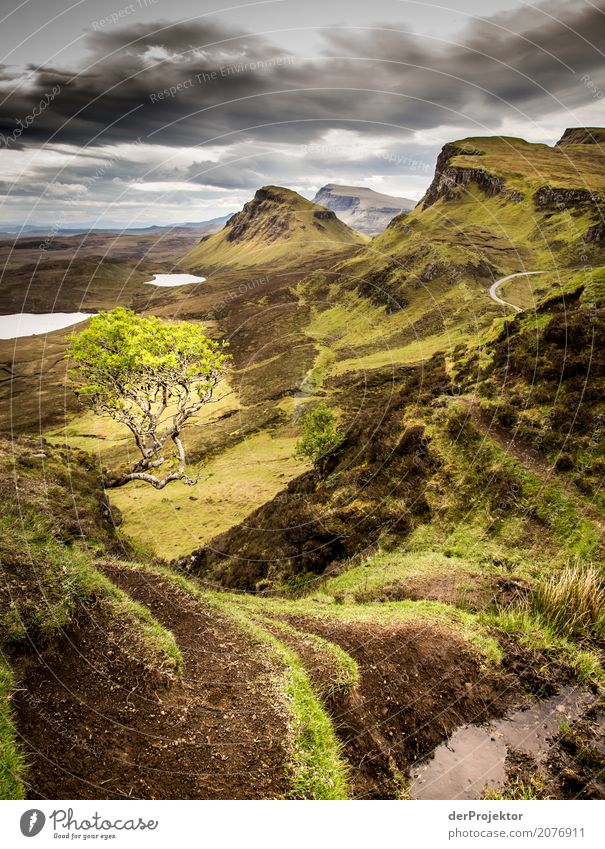 View from the Quiraing on Isle of Skye III Clouds Ledge coast Lakeside River bank Summer Landscape Rock Bay Plant Fjord Island Scotland Europe Exterior shot